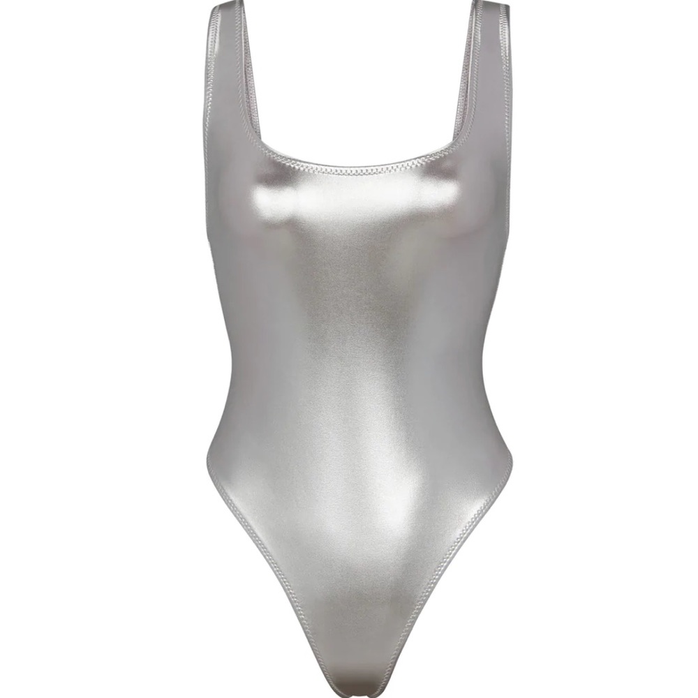 SKIMS METALLIC SWIM HIGH CUT ONE PIECE color nickel. NWTs